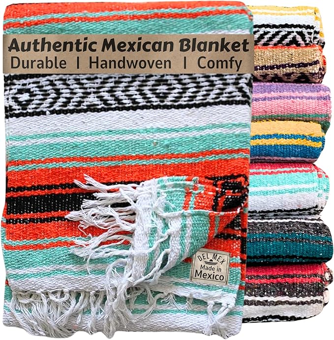 Del Mex Classic Mexican Blanket, Large Authentic Woven Falsa Throw (70"x50"), Artisan Southwest Décor for Beach, Yoga, Outdoors (Mint/Orange)-Ruum Studio Home
