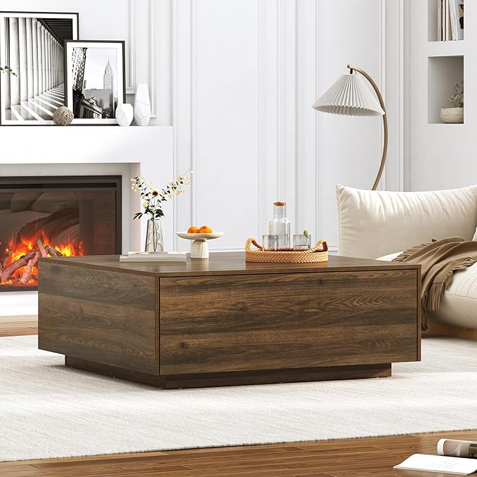 43” Square Coffee Table with Storage, Modern Large Square Center Table with 2 Drawers, Wood Coffee Table for Living Room, Walnut-Ruum Studio Home