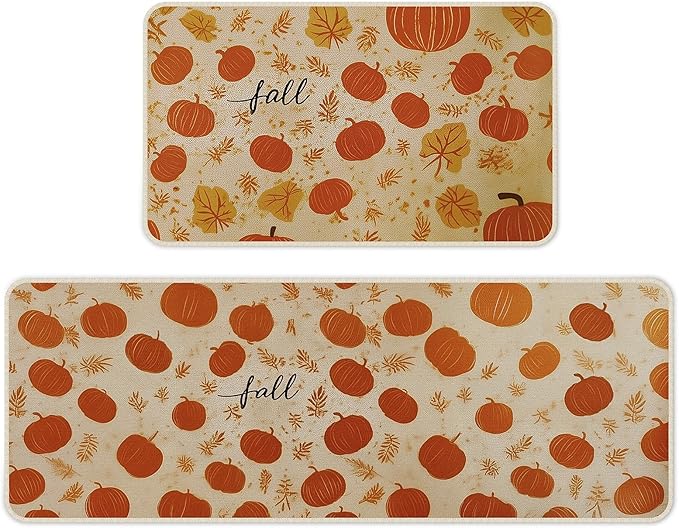 Halloween Kitchen Mat Set of 2, Pumpkin Kitchen Halloween Decor, Fall Decorations for Home, Halloween Rug for Floor,Indoor Home Decor with Non-Slip Backing,17 x 29 Inch & 17 x 47 Inch-Ruum Studio Home