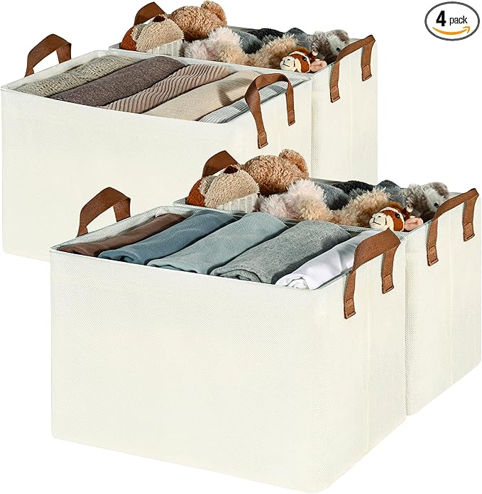 GRANNY SAYS Closet Storage Baskets, Collapsible Fabric Storage Bins with Metal Frame, Clothes Organizer Bins, Extra Large Baskets for Shelves, Ivory, 4-Pack-Ruum Studio Home