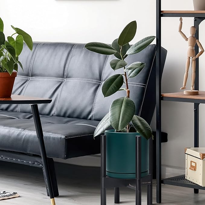 D'vine Dev Ceramic Planter with Ebony Stand - 10 Inch Modern Round Flower Pot with Wood Planter Holder, Teal, 55-B-L-4-Ruum Studio Home
