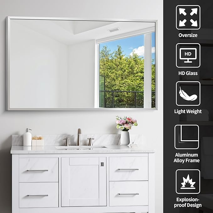 Silver Bathroom Mirror for Wall, 30x48 Inch Rectangle Mirrors with Metal Frame, Modern Vanity Wall Mirror Decor for Bathroom Living Room, Entryway Hangs Horizontal or Vertical-Ruum Studio Home