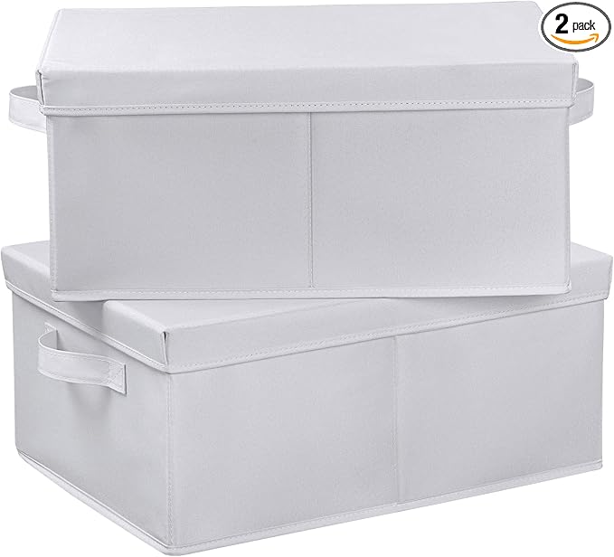 HOONEX Storage Bins with Lids for Organizing, Pack of 2, Storage Boxes with 2 Carrying Handles and Sturdy Heavy Cardboard, 16.5" L x 11.8" W x 7.5" H for Shoes, Books, Clothes, Nursery, White-Ruum Studio Home
