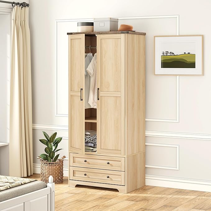 Brafab Wooden Armoire Wardrobe Closet with 2 Modern Doors, 71" Tall Freestanding Closet Wardrobe Cabinet with Drawers and Hanging Rail, Storage Cabinet with Shelve for Bedroom (Natural, 2 Doors)-Ruum Studio Home