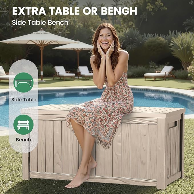 120 Outdoor Storage Box, Waterproof Resin Deck Box for Indoor & Outdoor Use, Lockable Storage Bench with Piston Hinge, Storage Bin for Patio Cushions, Garden Tools, Package Delivery, Grey-Ruum Studio Home