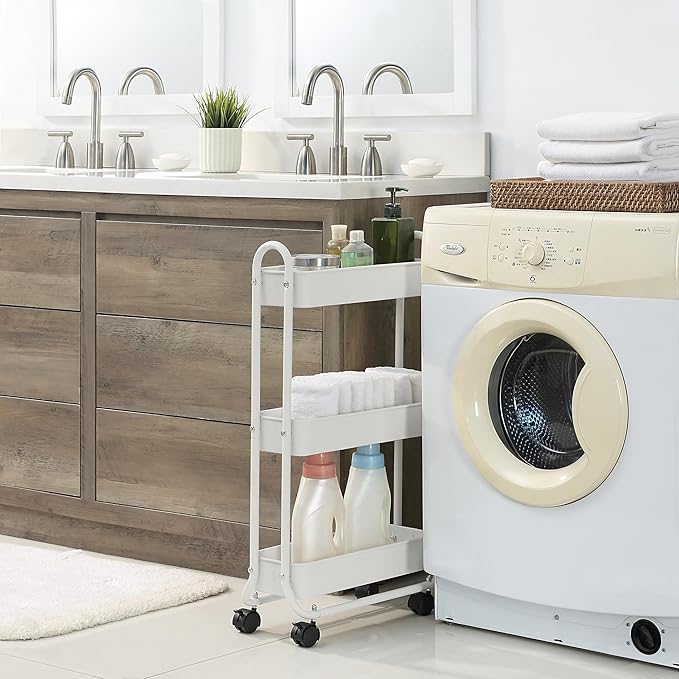 SunnyPoint Slim Rolling Storage Cart, 3 Tier Bathroom Storage Organizer Bathroom, Laundry Utility Cart (White)-Ruum Studio Home