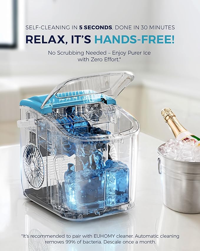 EUHOMY Countertop Ice Maker Machine with Handle, 26lbs Per Day, 9 Ice Cubes Ready in 6 Mins, Auto-Cleaning Portable Ice Maker with Basket and Scoop, for Home/Kitchen/Camping/RV (Blue)-Ruum Studio Home