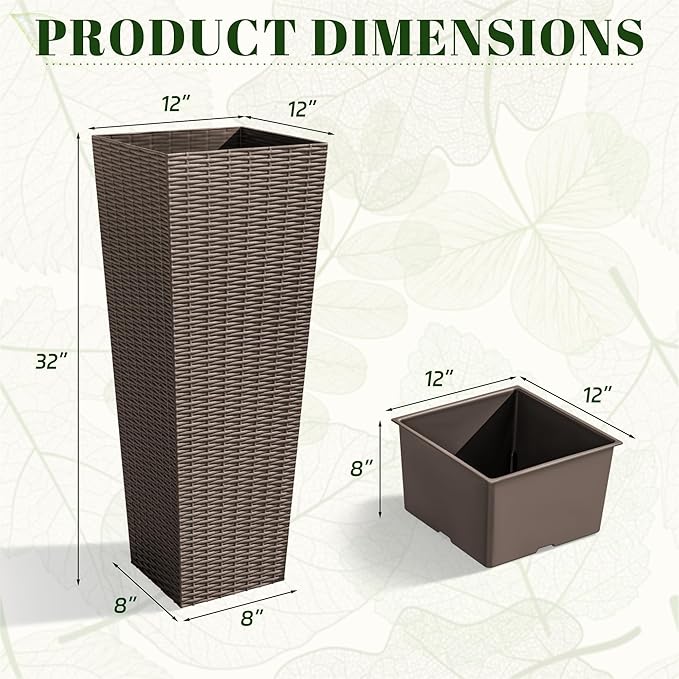 JUMMICO Set of 2 Resin Rattan Tall Planters for Outdoor Plants, Large Tapered Planters with Drainage Holes&Inner Trays, Flower Pots for Garden, Patio, Porch, Backyard (Brown, 32'')-Ruum Studio Home