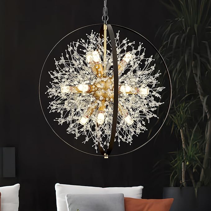 Modern Crystal Chandeliers Firework, 23.2'' Black Gold 12-Light Globe Dandelion Sputnik Chandelier, Hanging Pendant Lighting Fixture for Dining Room, Bedroom, Kitchen, Entryway, Foyer-Ruum Studio Home