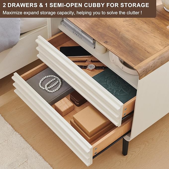 RedLemon 24" Nightstand Set of 2 with Charger Station, Mid Century Modern Fluted End Table with 2 Drawers，Wooden Side Table with Open Cubby Storage for Living Room, Bedroom, Office (Antuique White)-Ruum Studio Home