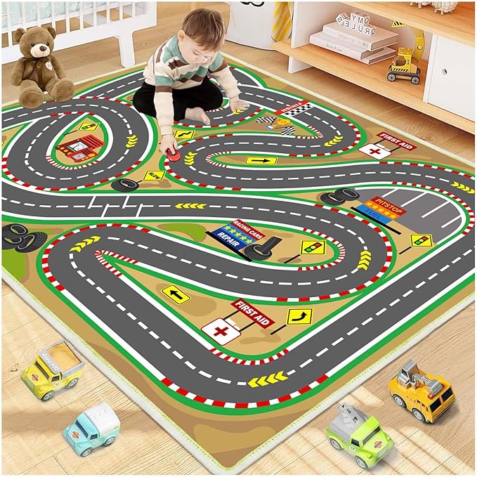 Kids Rug Play mat Playroom Rugs Car Rugs for Kids Toy Cars Race Track for Classroom Rug (Race-Brown, 5.2x7.9ft)-Ruum Studio Home