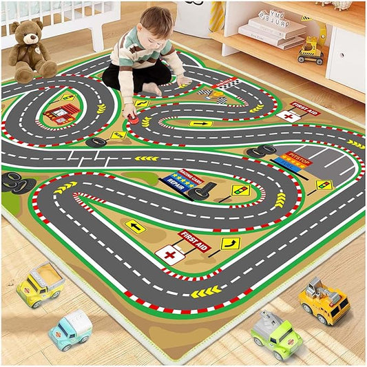 Kids Rug Play mat Playroom Rugs Car Rugs for Kids Toy Cars Race Track for Classroom Rug (Race-Brown, 5.2x7.9ft)-Ruum Studio Home