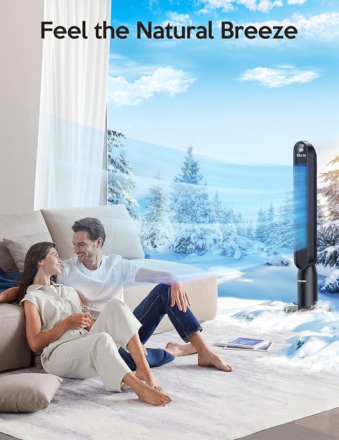 VAGKRI 42 Inch Tower Fan for Bedroom, Bladeless Quiet Floor Fan with 135° Vertical 90° Oscillation Fans for Indoors use, 4 Speeds, 4 Modes, 15H Timers Standing Fans with Remote Black-Ruum Studio Home