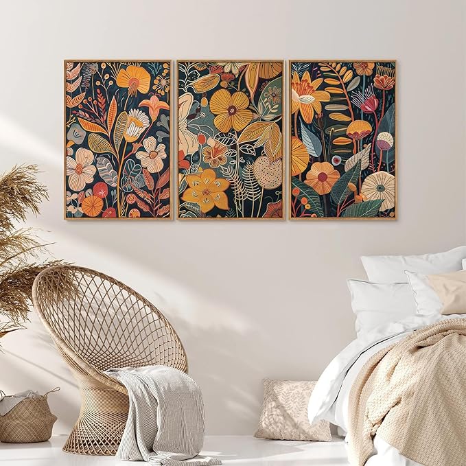 SIGNINART Orange Floral Framed Canvas Wall Art Set of 3, Mid Century Modern Flower Wall Decor, Neutral Plant Artwork, Boho Botanical Art Prints for Bedroom Living Room Office 16"x24"x3-Ruum Studio Home