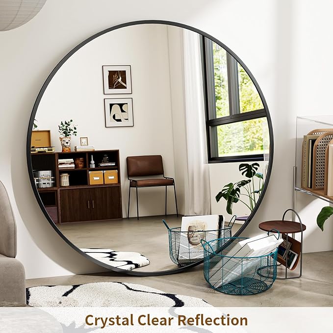 BEAUTYPEAK 48 Inch Round Mirror, Metal Frame Circle Mirror, Wall Mounted for Entryway, Bathroom, Vanity, Living Room, Black-Ruum Studio Home