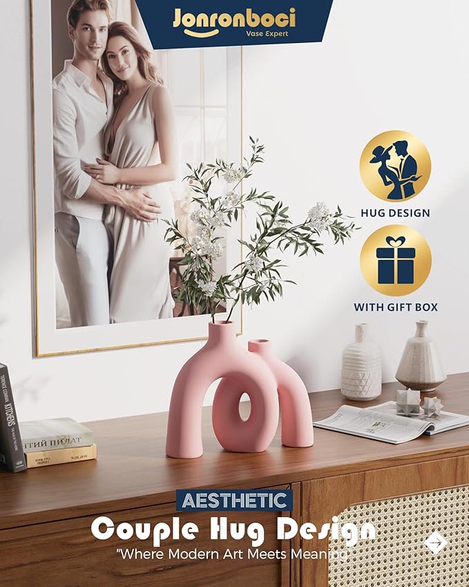 Hug Donut Decorative Vase Set - Light Pink Modern Glam Eclectic Style Vases Home Decor, Matte Ceramic Decorations for Living Room Shelf, Bookshelf Mantle Entryway Table or Console Décor(Pink)-Ruum Studio Home