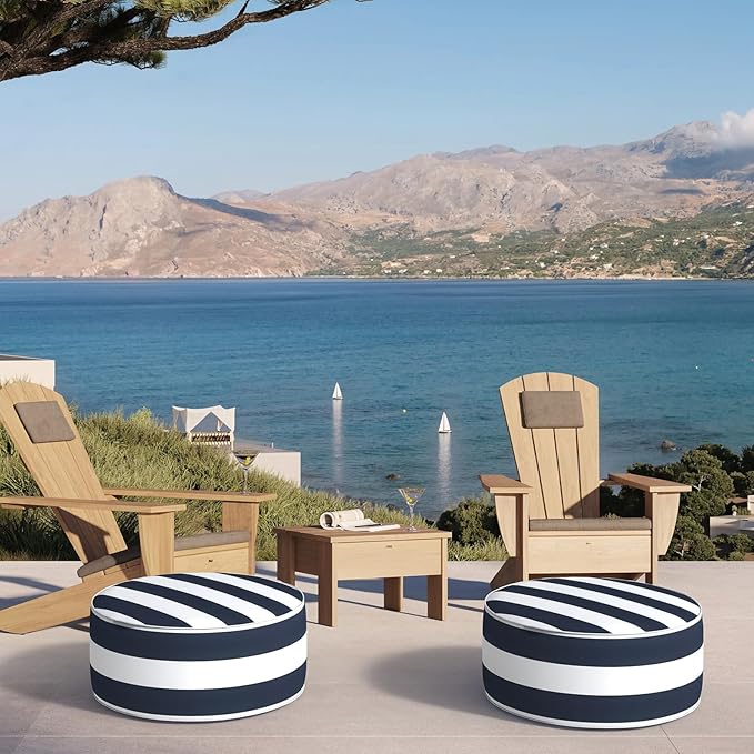 Inflatable Ottoman Stool D21 xH9 for Outdoor/Indoor Use, Water Repellent Patio Foot Rest Stool with Portable Handle,Round Pouf Ottoman Suitable for Garden,Deck and Camping - Cabana Navy-Ruum Studio Home