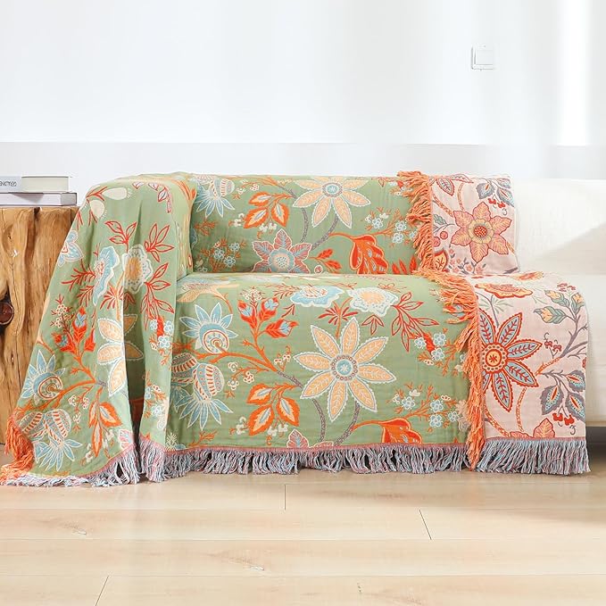 Boho Throw Blanket for Bed-Soft Cotton Rustic Quilt 80"×90",Floral Printed Farmhouse Decor Muslin Bed Blankets for Sofa Couch Chair, Seasons-Ruum Studio Home