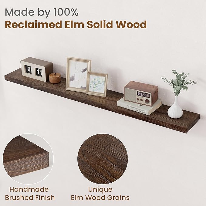 Floating Shelves for Wall Decor, 8 Inch Deep Rustic Solid Elm Wood Floating Shelves Wall Mounted, Wall Shelves with Invisible Bracket for Living Room Bathroom Bedroom Kitchen, 55 Inch Set of 1, Walnut-Ruum Studio Home