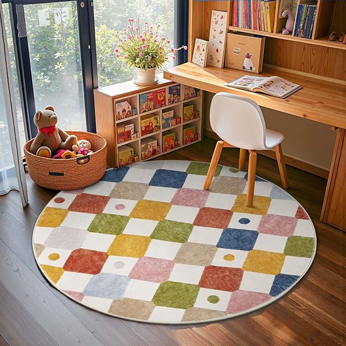 jinchan Round Rug 5ft Kids Washable Rug Indoor Floor Cover Non-Slip Soft Elementary School Classroom Modern Colorful Diamond Carpet for Nursery Daycare Bedroom Playroom Living Room Circus on Cream-Ruum Studio Home