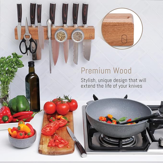 Premium 10 inch Magnetic Knife Holder for Wall with 2x Storage & Charming Wood - Knife Magnetic Strip, Under Cabinet Magnet Knives Storage - Magnet Strip Rack Kitchen Utensil Holder Organizer Tool-Ruum Studio Home