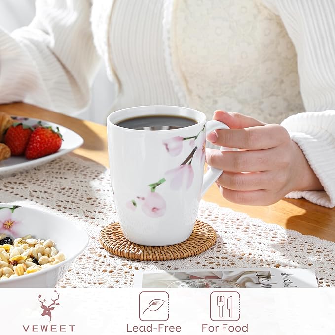 VEWEET Coffee Mugs Set of 6, 11 OZ Coffee Cups Set with Handle, Floral Mug Sets Ceramic Cup Set for Kitchen, Microwave & Dishwasher Safe, Series ANNIE-Ruum Studio Home