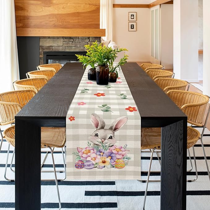 Easter Table Runner 13x72 Inch Bunny Rabbit Flowers Leaves Buffalo Plaid Eggs Seasonal Holiday Kitchen Dining Table Decoration for Indoor Kitchen Dining Home Party Decor-Ruum Studio Home
