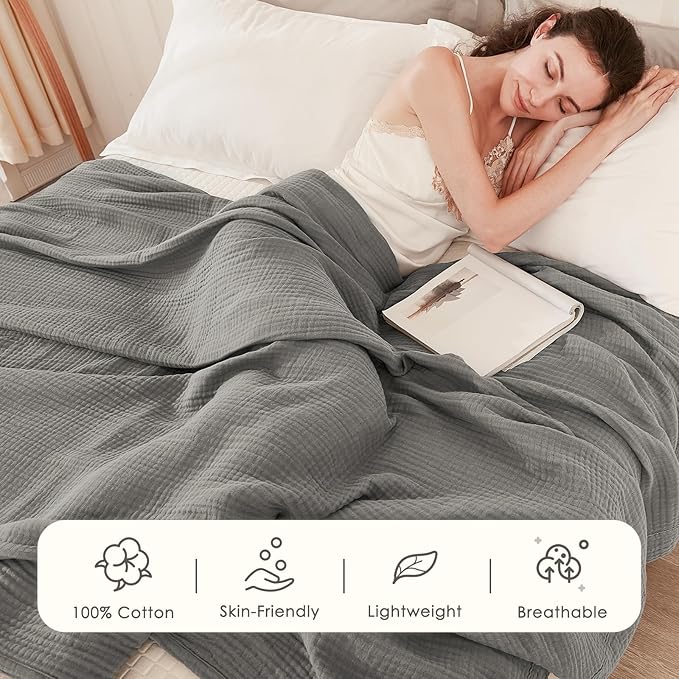 EMME Cotton Blanket Twin XL for Bed Soft Muslin Blankets 66"x90" Lightweight Breathable Layering Bedspread Coverlet All Season Gauze, Grey-Ruum Studio Home