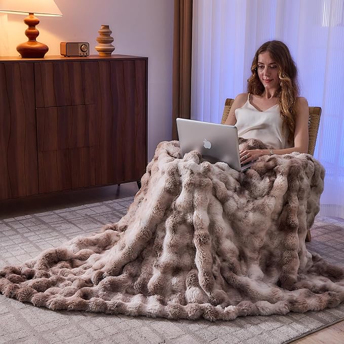 Lotus Karen Faux Fur Throw Blanket Tie-Dye Beige - Big Bubble Rabbit Fluff Blanket for Couch, Small Fluffy Fuzzy Cozy Blankets,Thick Furry Plush Shaggy Blankets,50x60 Inches-Ruum Studio Home