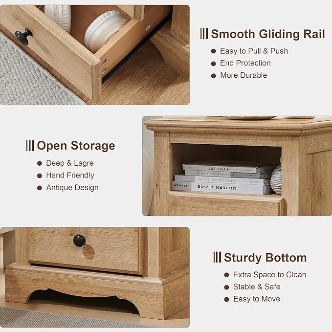 T4TREAM Nightstand with Charging Station, 18 Inch Vintage End Table with 2 Drawers, Wood Rustic Sofa Side Table with Open Storage Shelf for Bedroom, Living Room, Natural Oak-Ruum Studio Home