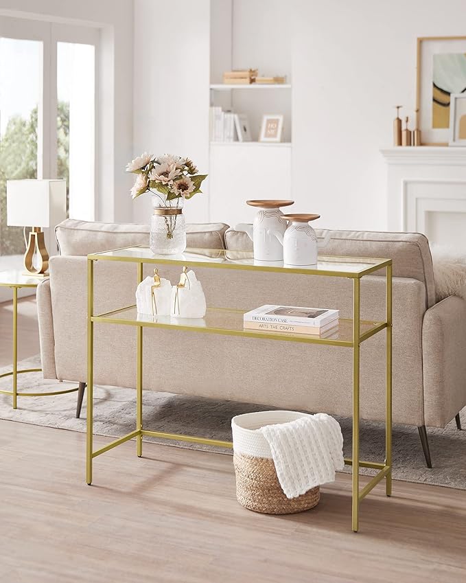 VASAGLE 39.4 Inch Console Sofa Table, Modern Entryway Table, Tempered Glass Table, Metal Frame, 2 Shelves, Adjustable Feet, for Living Room, Hallway, Gold Color ULGT025A01-Ruum Studio Home
