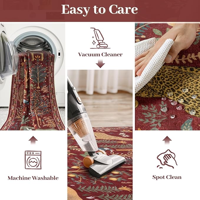 OJIA Animal Washable Rugs 8x10, Soft 8x10 Area Rugs for Living Room, Non Slip Bedroom Rug Under Bed Ultra-Thin Nursery Rug Large Carpet for Dining Room Office Playroom, Red-Ruum Studio Home