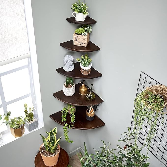 Corner Shelves, Floating Corner Shelf, Set of 2 Solid Oak Wood Wall Shelves, Round End Wall Mount with Wire Hole Shelving for Small Plant for Bedroom Kitchen, Living Room Walnut 8.7”-Ruum Studio Home