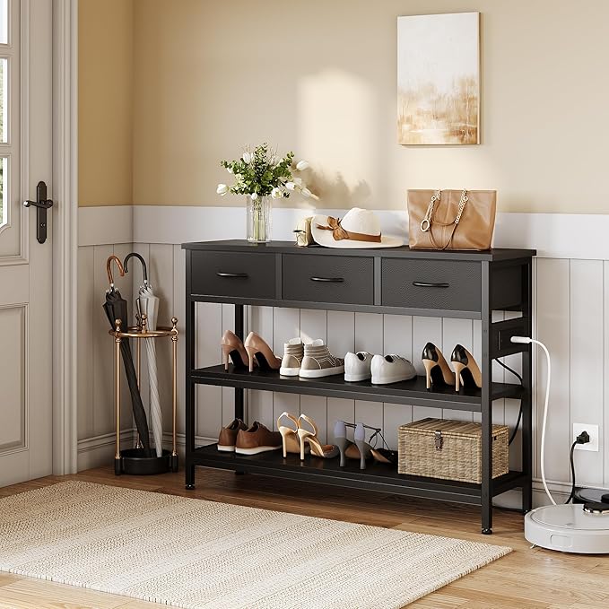 Lulive Entryway Table with Power Outlets, Console Table with 3 Fabric Drawers, Sofa Table for Living Room, Hallway, Couch, Foyer, Height Adjustable (Black, 43")-Ruum Studio Home