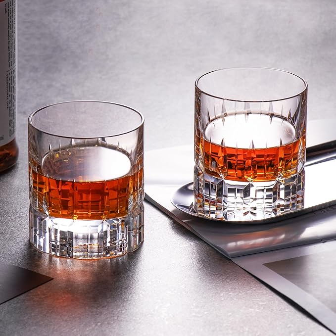 KAMMAK Crystal Whiskey Glasses Set of 2, Luxury 7.78oz Old Fashioned Glasses Stemless, Hand Blown Cocktail Glasses, Handcrafted Cut Scotch Cup for Women, Men Gift for Bourbon Barware, Home Bar-Ruum Studio Home