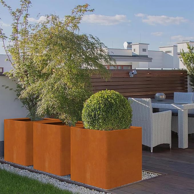 Corten Steel Planter Box 24"x24"x25", Large Square Metal Planter Indoor&Outdoor, Large Cube Planters with Drainage Hole for Porch/Patio/Garden-Ruum Studio Home