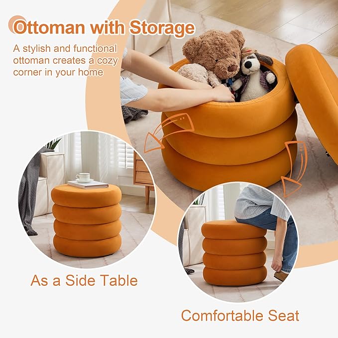 ONEVOG Round Storage Ottoman, 20" Small Ottomans Table with Removable Lid, Velvet Fabric Soft Footrest Stools for Couch, Upholstered Stuffed Circle Seat for Living Room/Bedroom/Dorm/Vanity, Orange-Ruum Studio Home