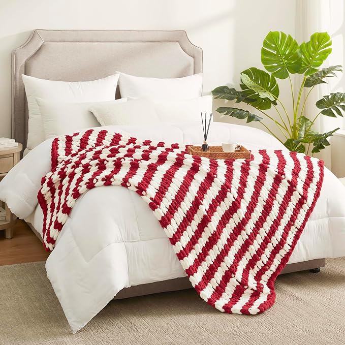 Amélie Home Chunky Knit Blanket Throw, Thick Soft Yarn Chunky Throw 50x60, Handmade Chenille Cable Knitted Crochet Throw Blanket, Warm Rope Knot Blanket for Couch Bed Sofa, Red White Stripe-Ruum Studio Home