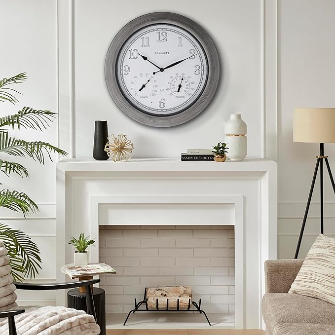 CLXEAST 18 Inch Farmhouse Illuminated Outdoor Atomic Wall Clock with Thermometer & Hygrometer Combo, Night Lighted Wall Clock with Smart Sensor, Weather Stations,Brushed Grey Oak Finish-Ruum Studio Home