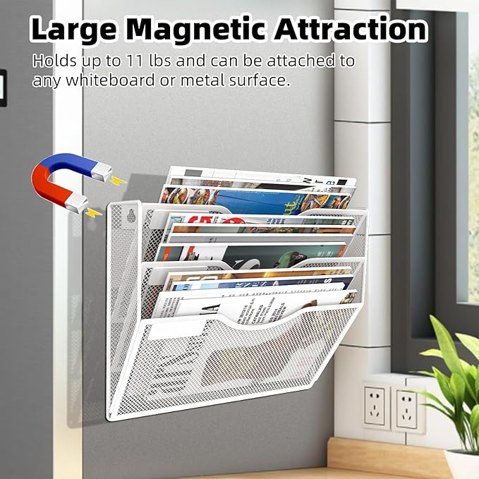 3-Tier Magnetic File Holder, No Drilling Installation File Cabinet Organizer, White Magnetic File Organizer, Magazine Rack, Magnetic Paper Holder for Refrigerator, File Cabinets,White-Ruum Studio Home