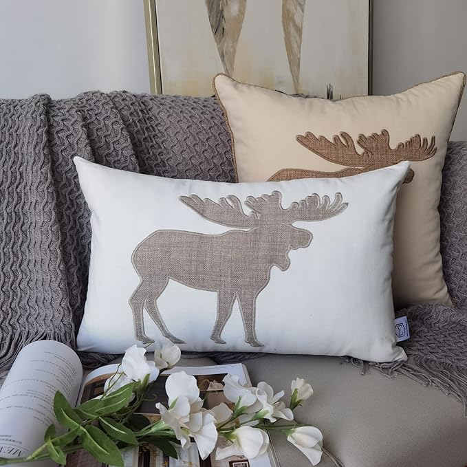 Lumbar Pillow Covers 12x20 Inches Moose Decorative Cotton Linen Throw Lumbar Waist Embroidered Cushions Covers for Couch Sofa Bedroom (White)-Ruum Studio Home
