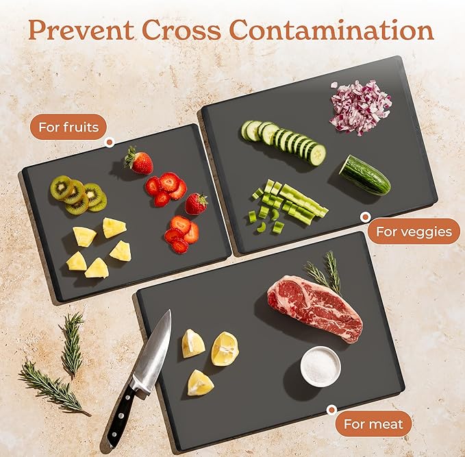 SMIRLY Plastic Cutting Board Set 3 Pieces, Non-Slip Dishwasher Safe Chopping Boards for Kitchen, Dark Grey-Ruum Studio Home