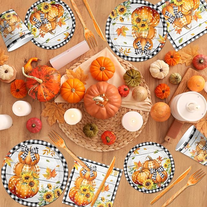 Fall Party Decorations,144Pcs Fall Thanksgiving Tableware Set Includes Plates,Napkins,Knife,Fork Black and White Buffalo Plaid Pumpkin Theme Decorations for Autumn Harvest,Thanksgiving Day-Ruum Studio Home
