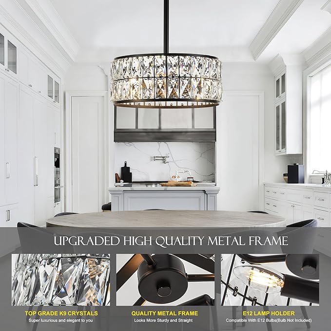 12” 3-Light Modern Crystal Chandeliers Black Dinning Room Light Fixture with Two Poles, Round Pendant Light Kitchen Island Chandelier, Flush Mount Ceiling Light for Living Room Entryway-Ruum Studio Home