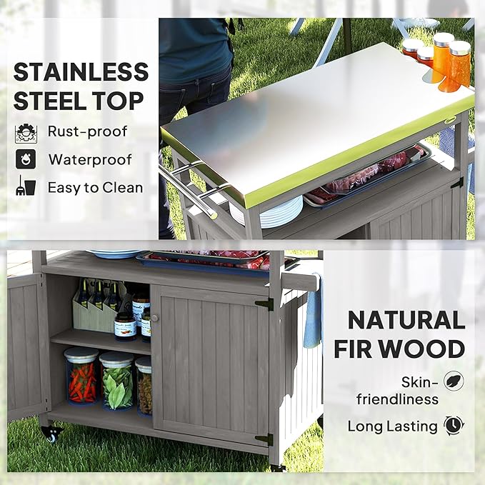 Outsunny Outdoor Grill Cart with Wheels and Storage, Solid Wood Outdoor Kitchen Island with Stainless Steel Top, Movable Bar Cart with Spice Rack, Side Handle, Integrated Hole for BBQ, Gray-Ruum Studio Home