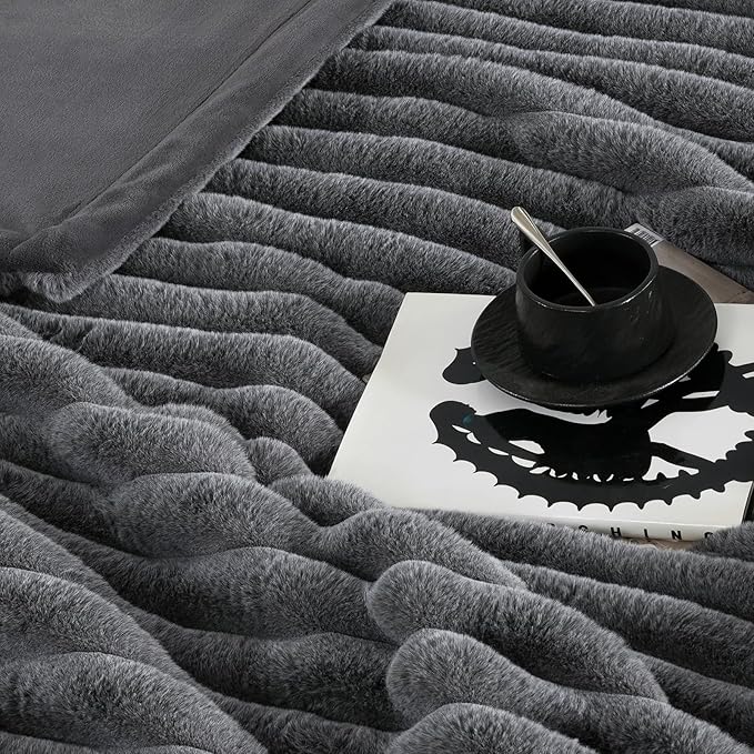 Amélie Home Faux Fur Throw Blanket for Couch, Ultra Cozy Fuzzy Fluffy Fur Luxurious Soft Striped Plush Gift Blankets for Family Sofa Chair Bed Living Room Bedroom, 60"x80", Ionic Wolf Gray-Ruum Studio Home