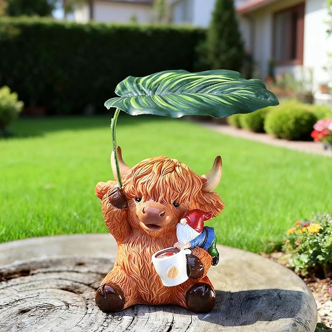 Garden Gnome with Highland Cattle 6.5“ Figurine Ornament for Indoor Outdoor Home Patio Yard Lawn, Red Hat, Blue Outfit, Indoor Outdoor Decorative Statue-Ruum Studio Home