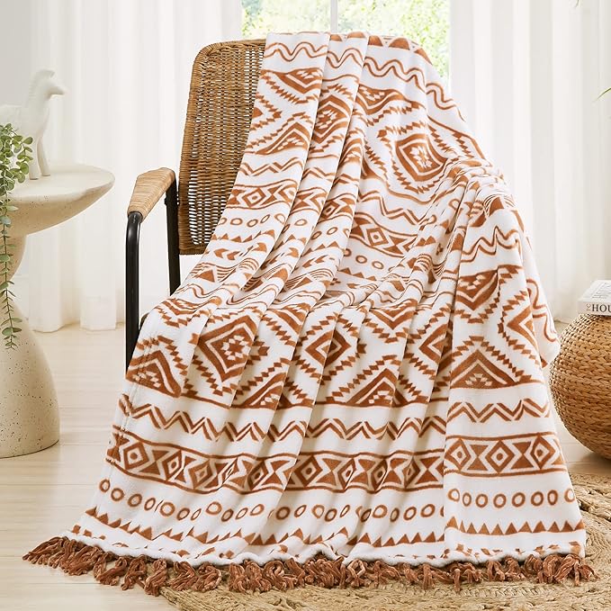CASAAGUSTO Boho Throw Blanket - Terrcotta Decorative Blankets with Tassel, Printed Flannel Bohemian Blanket for Chair, Bed, Sofa, Couch(50 * 60, Terrcotta)-Ruum Studio Home