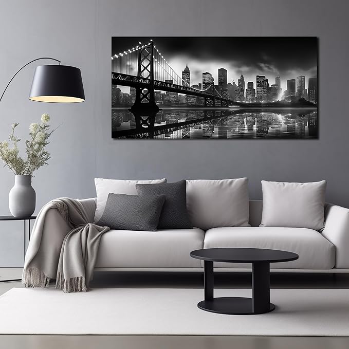Brooklyn Bridge Canvas Wall Art for Bedroom Black and White City Wall Decor for Living Room Office Wall Art Decor 24 x 48 Inch-Ruum Studio Home