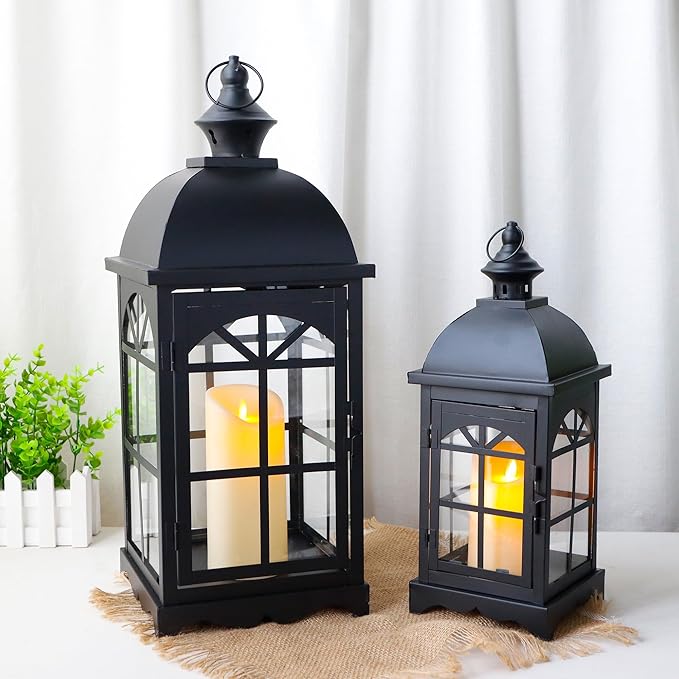 TRIROCKS Set of 2 Decorative Vintage Candle Lanterns 14.5"&20" H Farmhouse Outdoor Hanging Lanterns with Tempered Glass for Porch, Balcony, Patio, Home, Centerpieces, Indoor, Outdoor(Black)-Ruum Studio Home